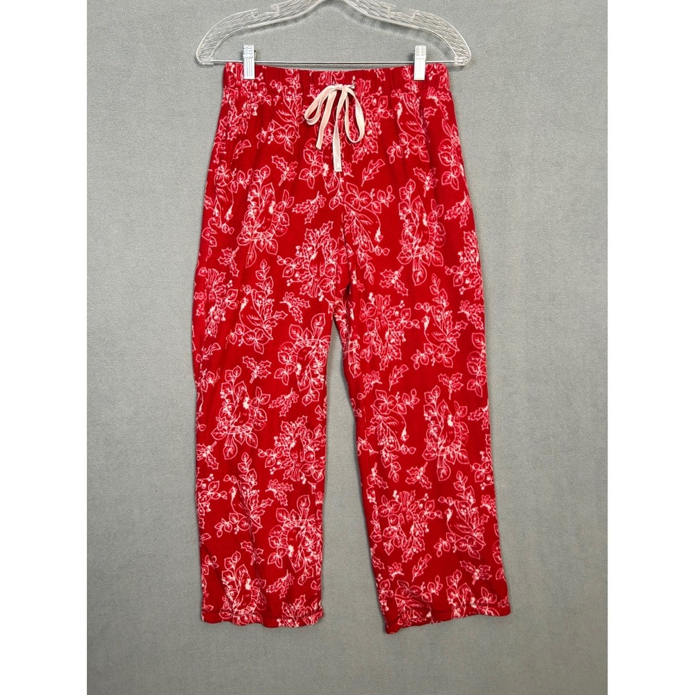 Red Fleece Pajama Pants Women Holiday Holly Berry Print Drawstring Sleep Bottoms